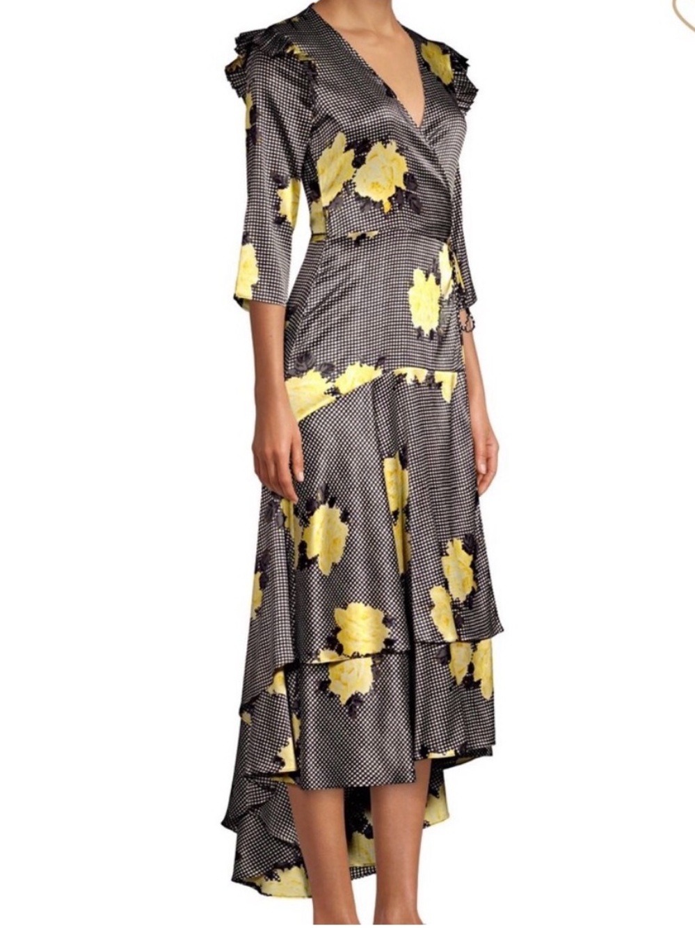 GANNI Calla Silk Floral Wrap Maxi Dress Black Yellow Size 34